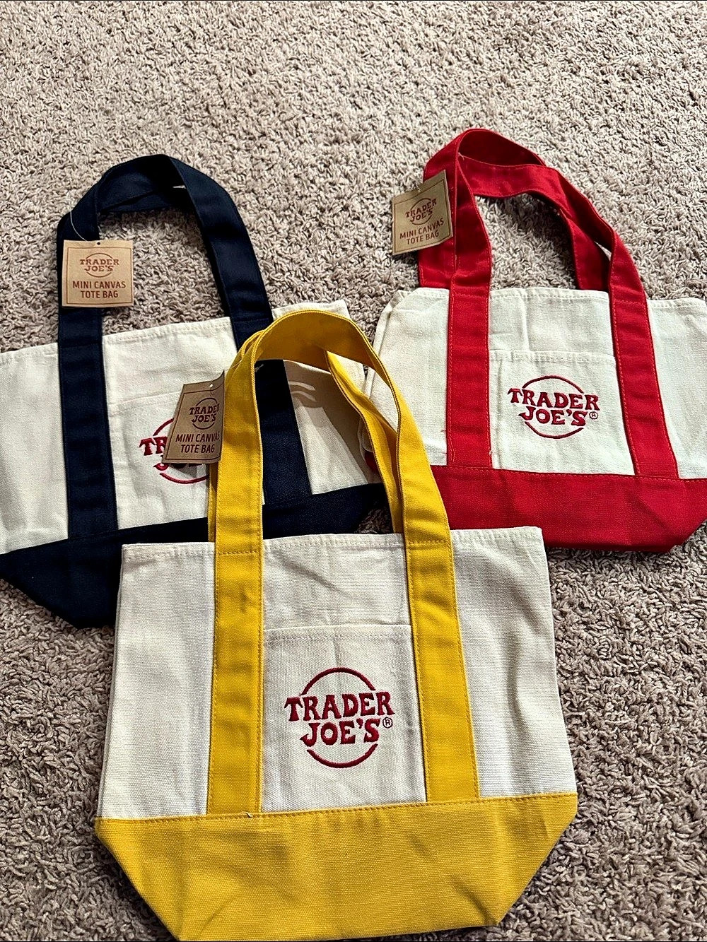 Trader Joe's Mini Canvas Tote Bag Set, White, Red & Yellow